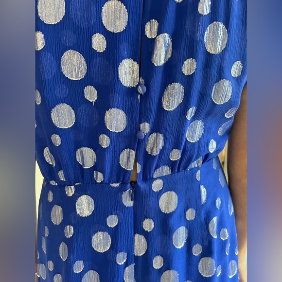 RIXO Eleanor Lame Blue and Silver Polka Dot Sleeveless Dress - Picture 6 of 7